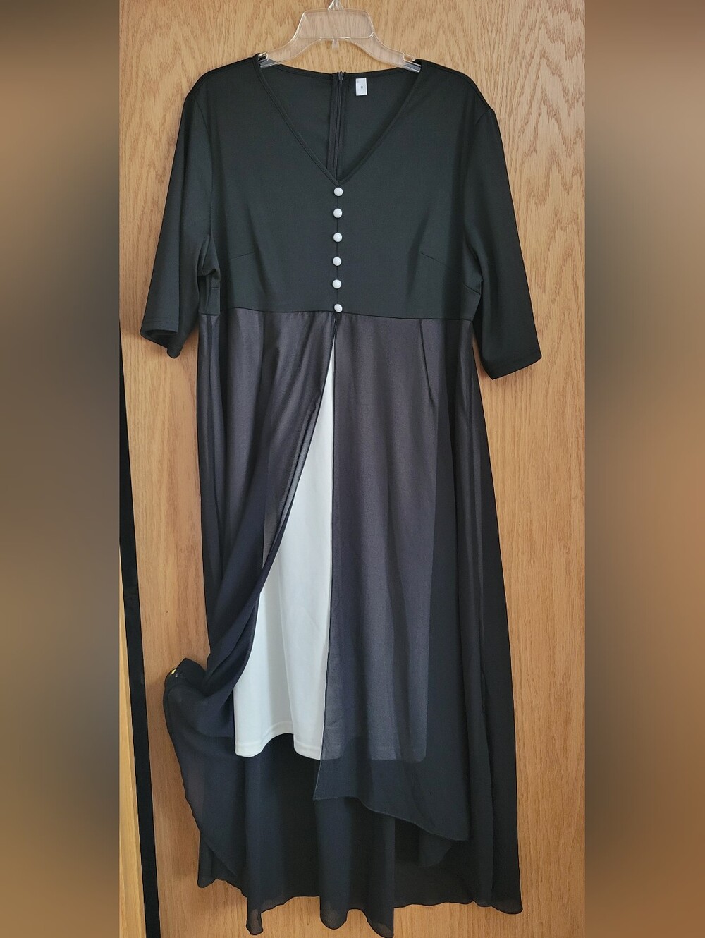 Black and White High-Low V-Neck Dress with Button Detail